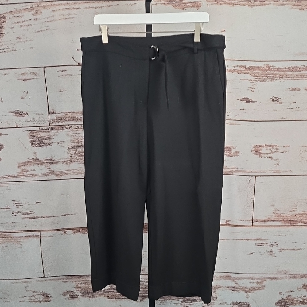 J Jill  Black Ponte Pants Full Leg Belt Wide Cuffed Stretch Size LP